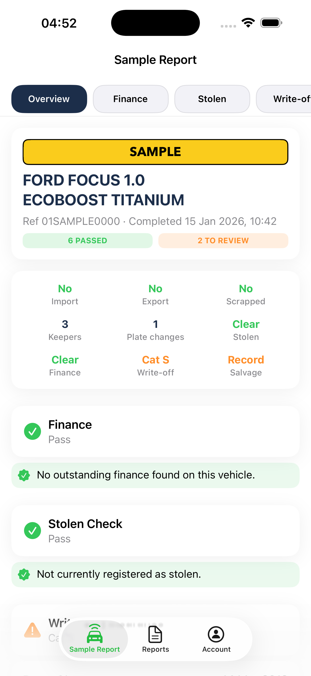 CarVouch Full Vehicle Check report — finance, stolen and write-off