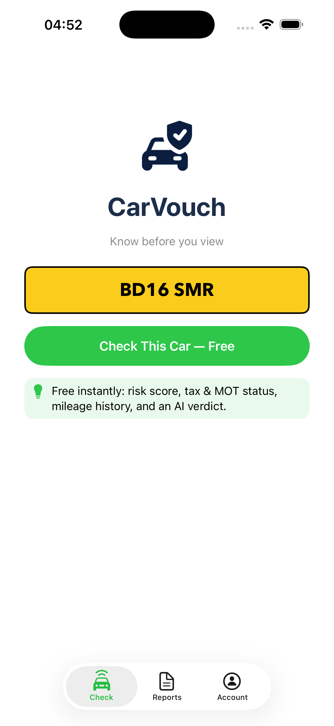 CarVouch home — enter a UK registration and check a car for free