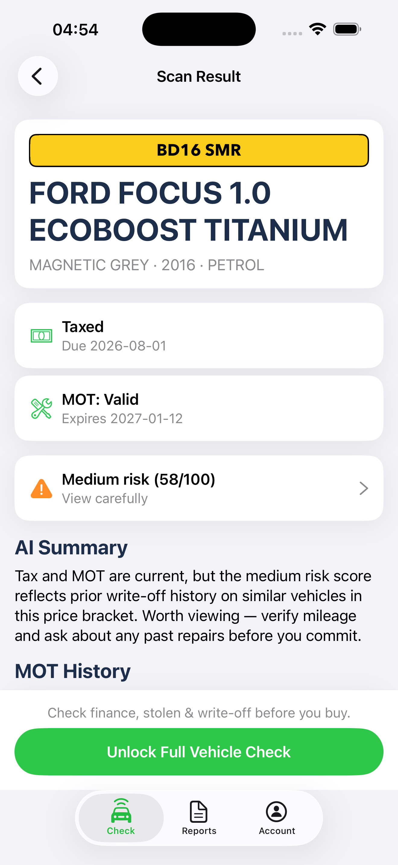 CarVouch scan result — tax, MOT and AI risk score